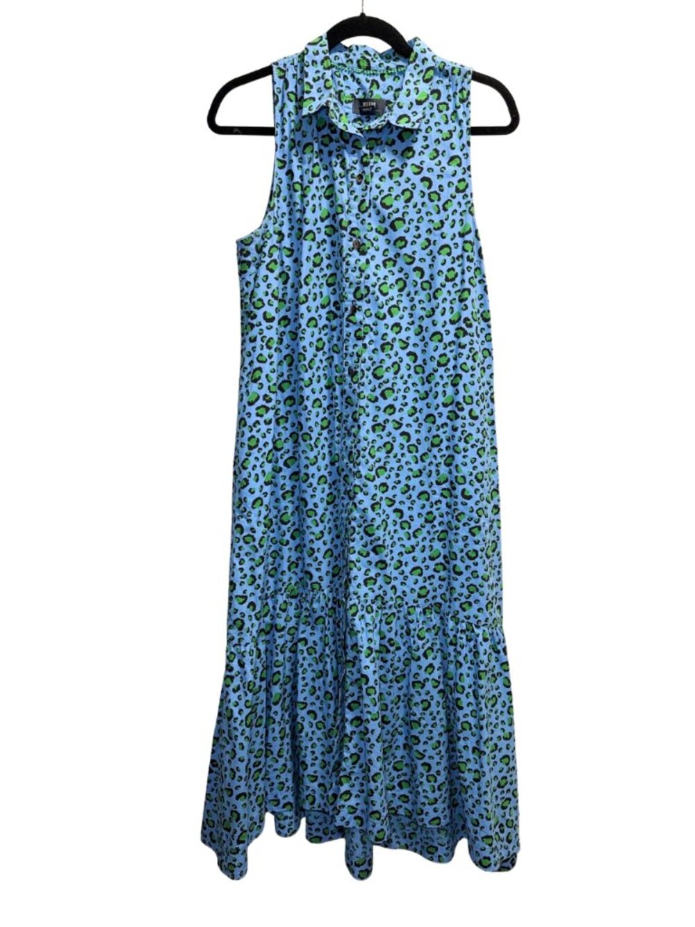 Maeve Anthropologie Blue Green Leopard Print Sleeveless Maxi Dress M